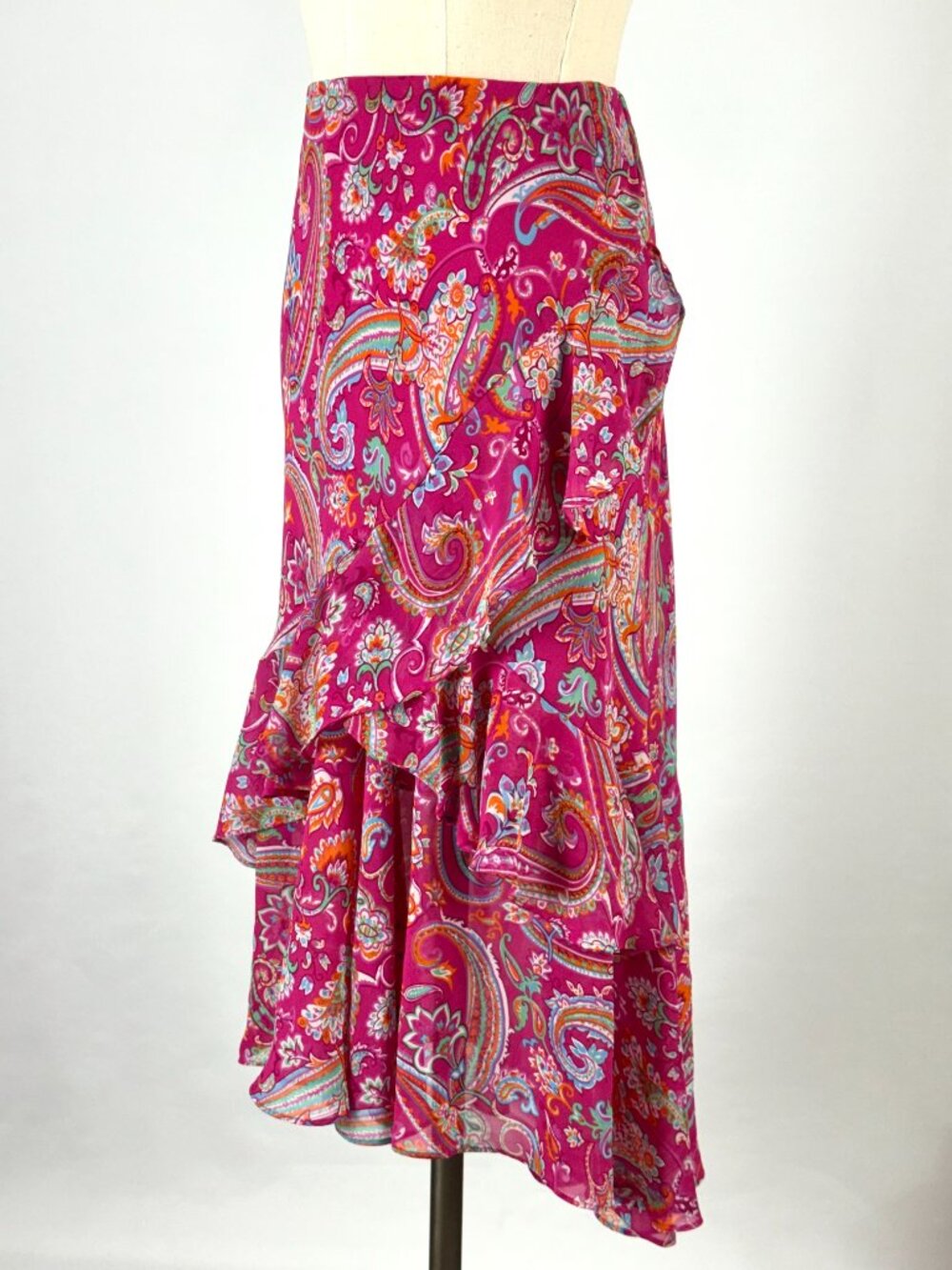 Chaps Y2K Hot Pink Paisley Floral Asymmetrical Ruffle Midi Skirt Elastic Waist - Picture 4 of 9